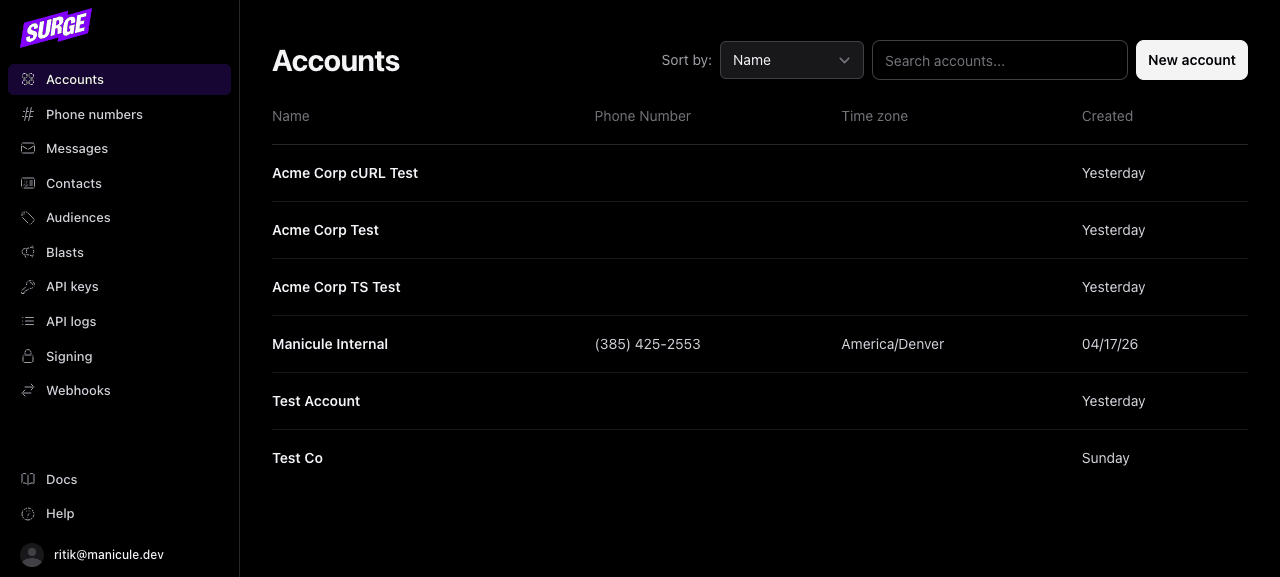 The Accounts list in the Surge dashboard