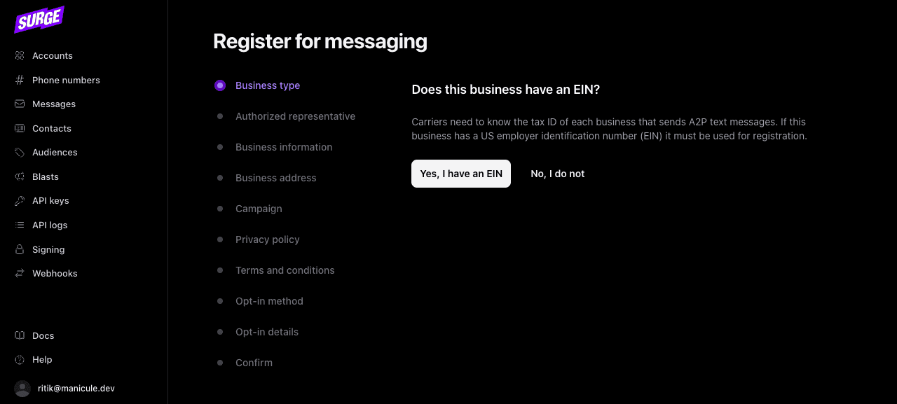 Business type step asking whether the business has an EIN