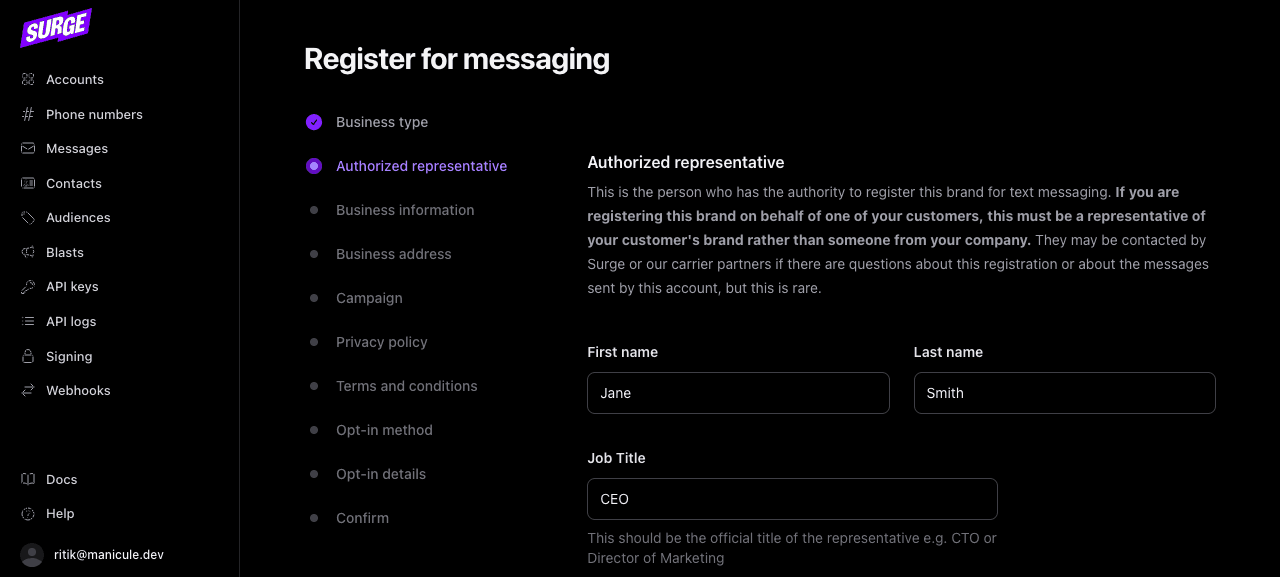 Authorized representative form with name, title, email, and phone fields