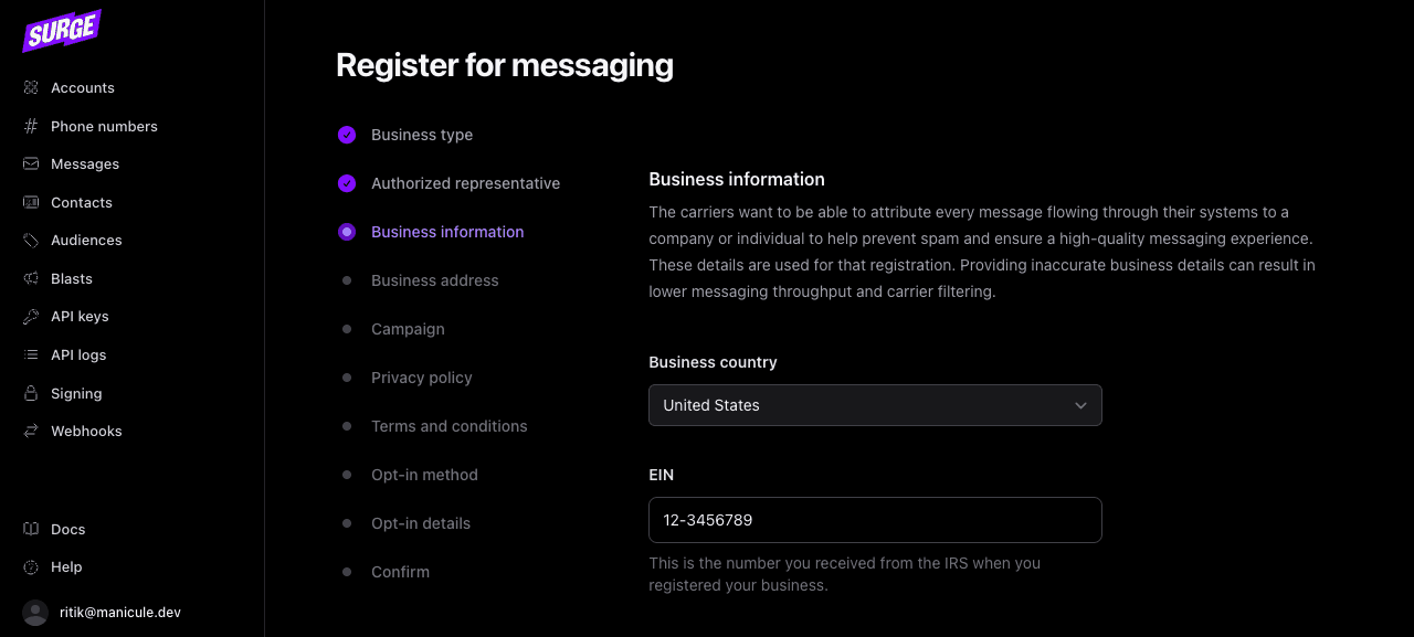 Business information form with EIN, business name, website, industry, and regions