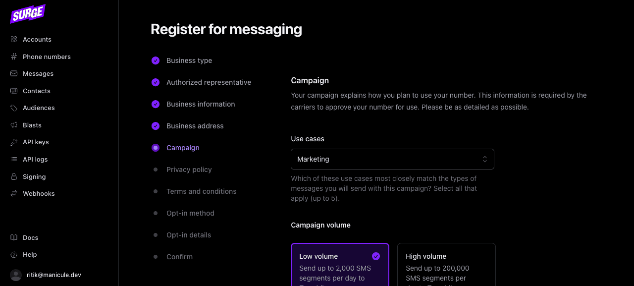 Campaign step with use cases, low/high volume tiers