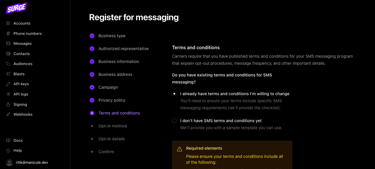 Terms and conditions URL field