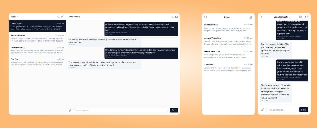 Inbox component rendering a list of conversations with unread indicators and the most recent message snippet