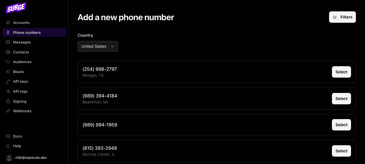Dashboard local-number search results with phone numbers and city/state