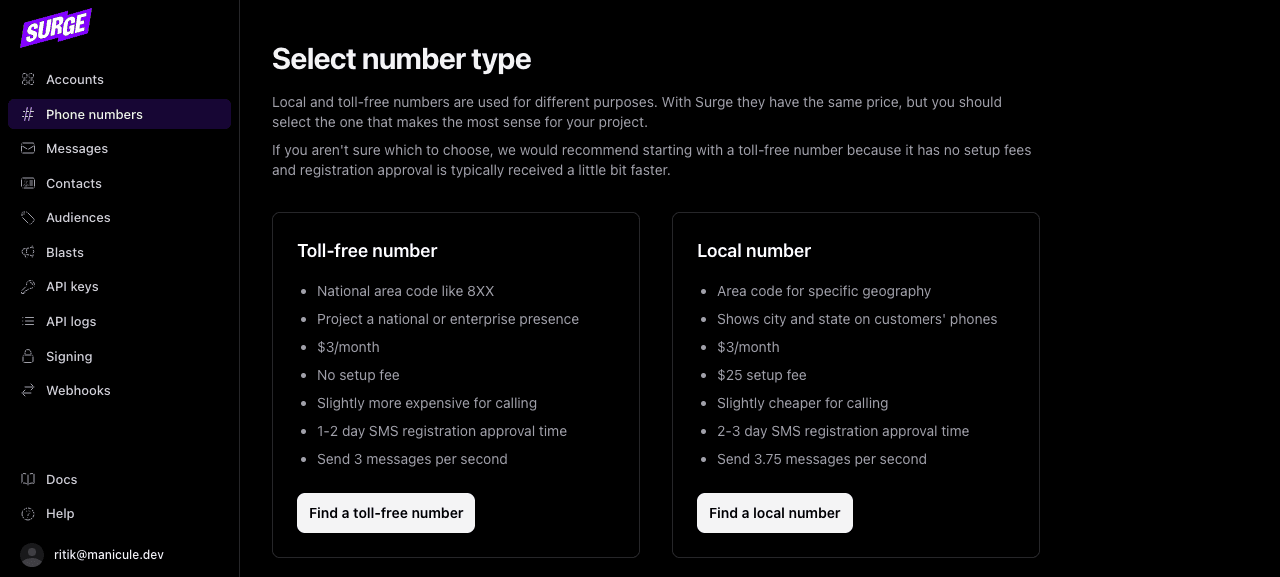 Dashboard "Select number type" page comparing toll-free vs local with prices, setup fees, and registration approval times